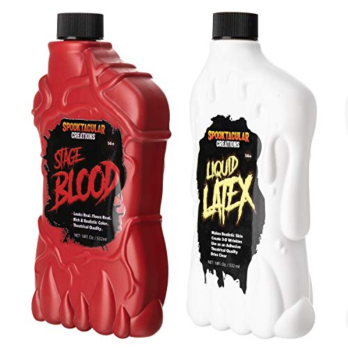 JOYINc Spooktacular Creations - Látex Líquido (18oz /532ml) y Sangre Falsa Artificial (18oz /532ml), para Disfraz Maquillaje de Halloween, Disfraces de Zombis, Vampiros y Monstruos