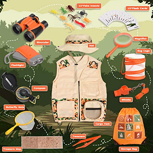 Joyjoz Kit de Binoculares para Niños, Kit Explorador niño con Prismaticos niños, Juego de rol con Tela y Sombrero, Linterna, Brújula, Caja de Insectos(50 Piezas)