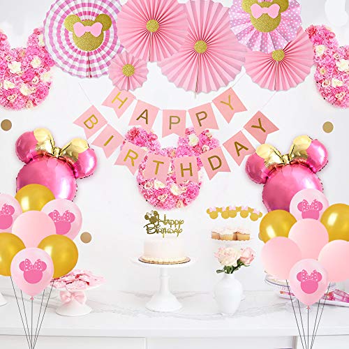 JOYMEMO Decoraciones de Fiesta temáticas de Minnie Rosa y Dorado, Globos de Cabeza de Minnie Mouse Fans de Papel Adornos de Pastel, niñas 1er 2do 3er cumpleaños Suministros para Fiestas