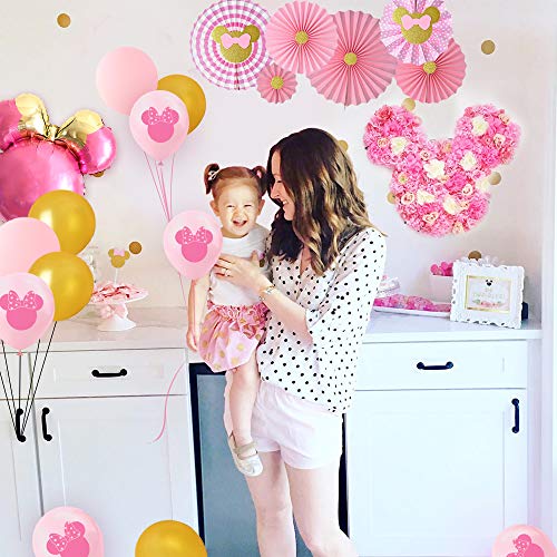 JOYMEMO Decoraciones de Fiesta temáticas de Minnie Rosa y Dorado, Globos de Cabeza de Minnie Mouse Fans de Papel Adornos de Pastel, niñas 1er 2do 3er cumpleaños Suministros para Fiestas