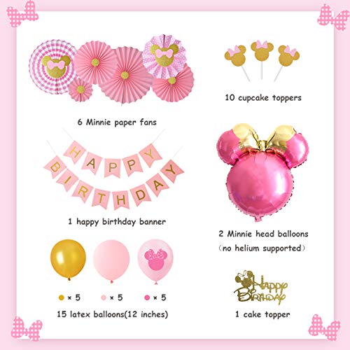 JOYMEMO Decoraciones de Fiesta temáticas de Minnie Rosa y Dorado, Globos de Cabeza de Minnie Mouse Fans de Papel Adornos de Pastel, niñas 1er 2do 3er cumpleaños Suministros para Fiestas