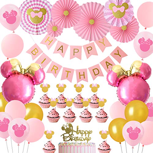 JOYMEMO Decoraciones de Fiesta temáticas de Minnie Rosa y Dorado, Globos de Cabeza de Minnie Mouse Fans de Papel Adornos de Pastel, niñas 1er 2do 3er cumpleaños Suministros para Fiestas