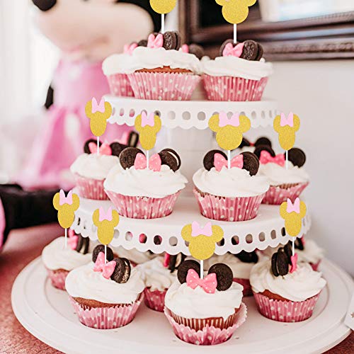 JOYMEMO Decoraciones de Fiesta temáticas de Minnie Rosa y Dorado, Globos de Cabeza de Minnie Mouse Fans de Papel Adornos de Pastel, niñas 1er 2do 3er cumpleaños Suministros para Fiestas