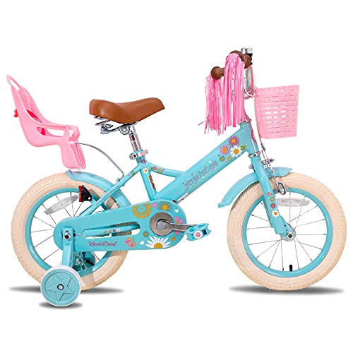 JOYSTAR Little Daisy - Bicicleta infantil de 16 pulgadas para niñas de 4, 5, 6, 7 años, con freno de mano, 16 pulgadas, con ruedas de apoyo, cesta Streamer, color azul