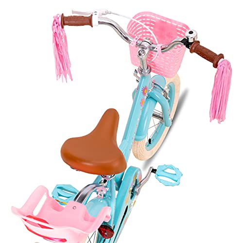 JOYSTAR Little Daisy - Bicicleta infantil de 16 pulgadas para niñas de 4, 5, 6, 7 años, con freno de mano, 16 pulgadas, con ruedas de apoyo, cesta Streamer, color azul