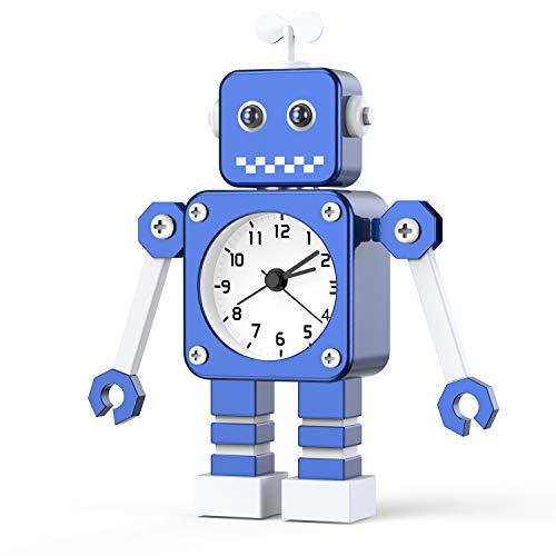 Juboos Reloj Despertador para Niños,Reloj Despertador Robot,Reloj Despertador Analógico para Niños Sin Tictac,Reloj Despertador Silencioso para Niños y Niñas, (Azul)