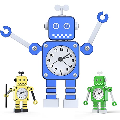 Juboos Reloj Despertador para Niños,Reloj Despertador Robot,Reloj Despertador Analógico para Niños Sin Tictac,Reloj Despertador Silencioso para Niños y Niñas, (Azul)