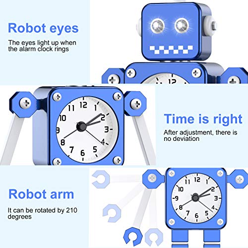 Juboos Reloj Despertador para Niños,Reloj Despertador Robot,Reloj Despertador Analógico para Niños Sin Tictac,Reloj Despertador Silencioso para Niños y Niñas, (Azul)