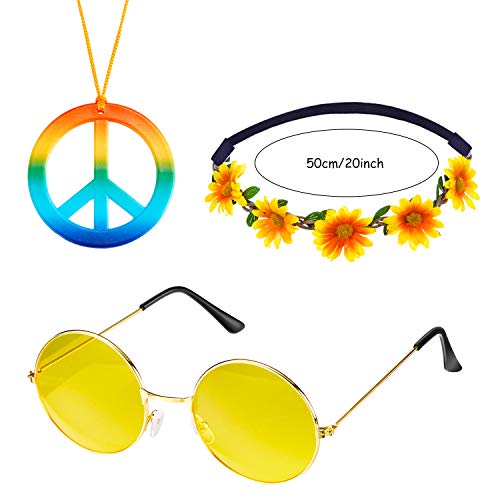 Juego de 15 Accesorios de Disfraces Hippie, Gafas de Sol Hippie Gafas de Sol Redondas Collares con Signo de Paz de Arco Iris y Diademas con Girasol Margarita para Suministros de Fiesta de Verano