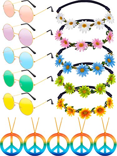 Juego de 15 Accesorios de Disfraces Hippie, Gafas de Sol Hippie Gafas de Sol Redondas Collares con Signo de Paz de Arco Iris y Diademas con Girasol Margarita para Suministros de Fiesta de Verano