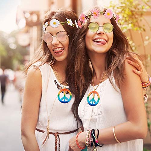 Juego de 15 Accesorios de Disfraces Hippie, Gafas de Sol Hippie Gafas de Sol Redondas Collares con Signo de Paz de Arco Iris y Diademas con Girasol Margarita para Suministros de Fiesta de Verano