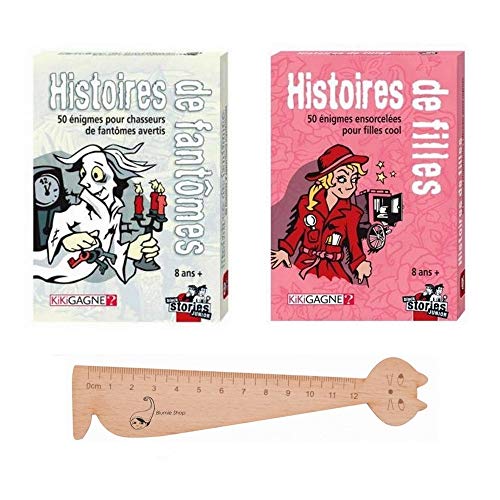 Juego de 2 juegos negros Stories Junior: historias de fantasmas + historias de niñas + 1 regla marcapáginas de madera Blumie.