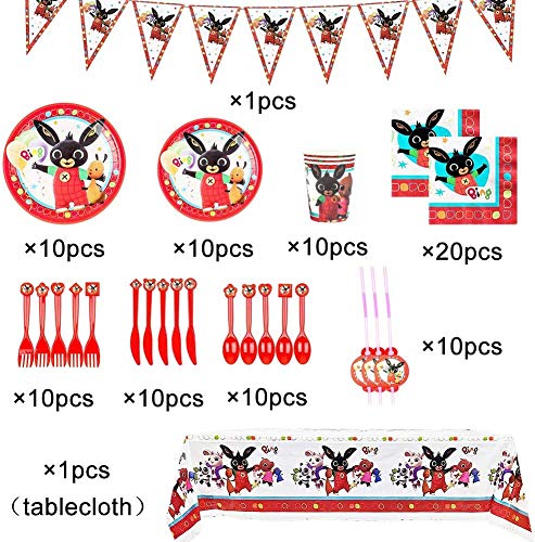 Juego de Cubiertos Reutilizable, Set de 92 Piezas Plato de Bing Bunny para Fiestas Incluye Pancarta Platos Servilletas Pajas Mantel Cucharas Tenedores para Fiesta Baby Shower