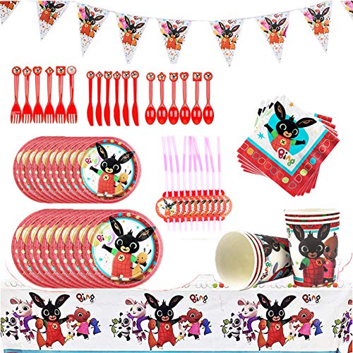 Juego de Cubiertos Reutilizable, Set de 92 Piezas Plato de Bing Bunny para Fiestas Incluye Pancarta Platos Servilletas Pajas Mantel Cucharas Tenedores para Fiesta Baby Shower