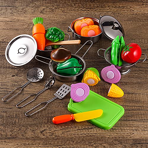 Juego de juguetes de cocina con utensilios de cocina de acero inoxidable, utensilios de cocina, delantal y sombrero de chef, cortar verduras para niños, niñas, niños y niños pequeños