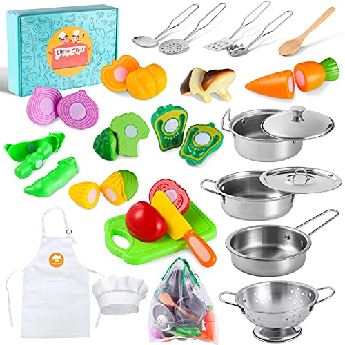 Juego de juguetes de cocina con utensilios de cocina de acero inoxidable, utensilios de cocina, delantal y sombrero de chef, cortar verduras para niños, niñas, niños y niños pequeños