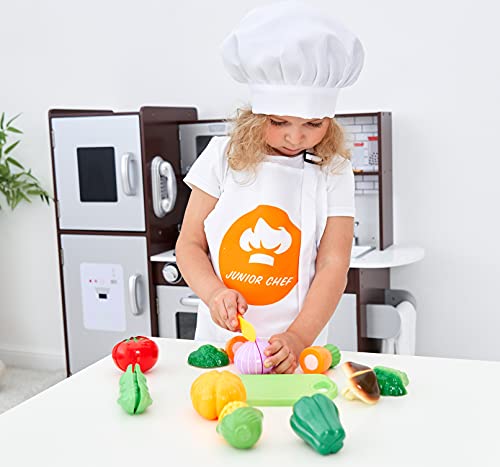 Juego de juguetes de cocina con utensilios de cocina de acero inoxidable, utensilios de cocina, delantal y sombrero de chef, cortar verduras para niños, niñas, niños y niños pequeños