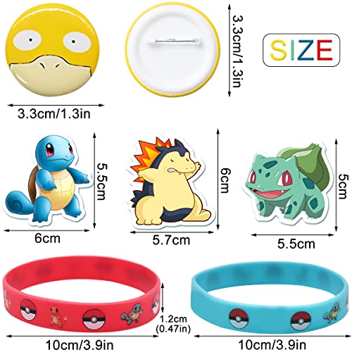 Juego de Juguetes de Pokémon,12 Pulsera de Pokemon, 12 Broche de Pokémon, 50 Unidades de Pegatinas de Pokémon para niños, Regalo de Fiesta