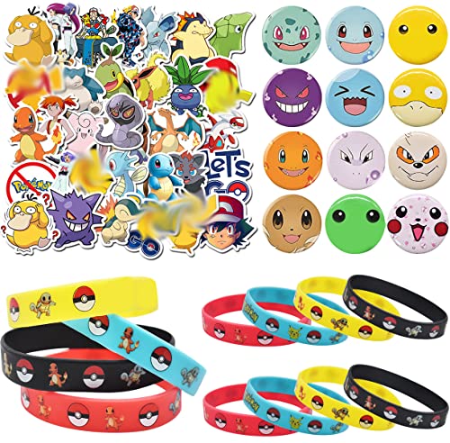 Juego de Juguetes de Pokémon,12 Pulsera de Pokemon, 12 Broche de Pokémon, 50 Unidades de Pegatinas de Pokémon para niños, Regalo de Fiesta