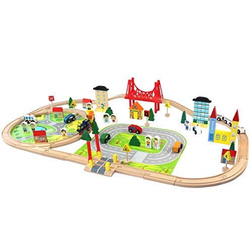 Juego de Pista de Madera 82 PCS con Coches y Trenes Bloques de Construcción Juguete Regalo para Niños Niñas 3 4 5 6 Años