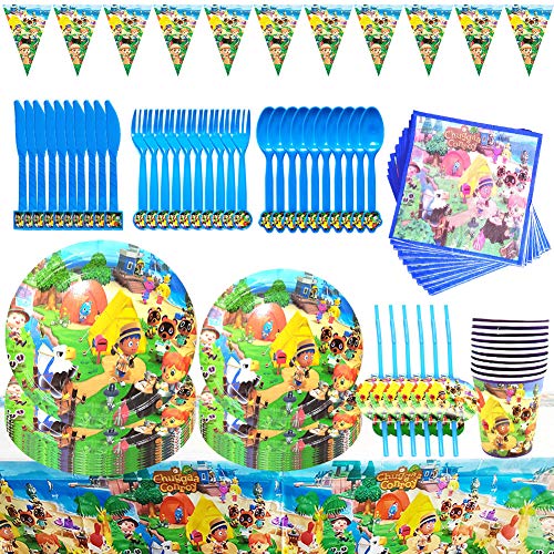 Juego de vajilla para fiesta de Animal Crossing, suministros para fiestas temáticas de safari en la selva, vajilla para fiesta de cumpleaños para niños, 10 invitados