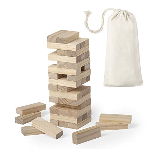 Juego Torre de Madera de Habilidad (tamaño pequeño/Viaje). Incluye 45 Piezas de Madera y Viene presentado en una Resistente Funda de algodón con Cierre de cordón.