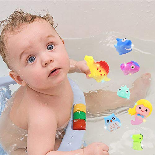 Juegute Animal del Baño con Luz Parpadeo Juguete Flashing de Ducha Flotante Juego con 8 Pcs Modelos de Animales Sirena Tiburón Flamingo Dinosauro Etc Aprendizaje Temprano Jueguete Regalo para Niños