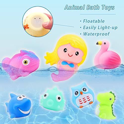 Juegute Animal del Baño con Luz Parpadeo Juguete Flashing de Ducha Flotante Juego con 8 Pcs Modelos de Animales Sirena Tiburón Flamingo Dinosauro Etc Aprendizaje Temprano Jueguete Regalo para Niños