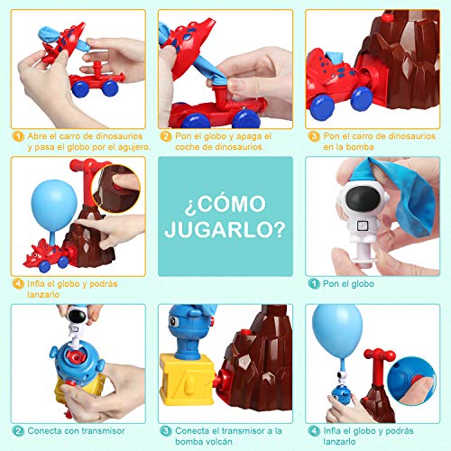 Juguete de Coche de Globo para Niños, INPHER Coche Dinosaurio Impulsado por Aire, Juguetes Educativos Creativos de Dinosaurios, con 50 Pegatinas de Dinosaurios, Globos, Regalo para Niños Niñas