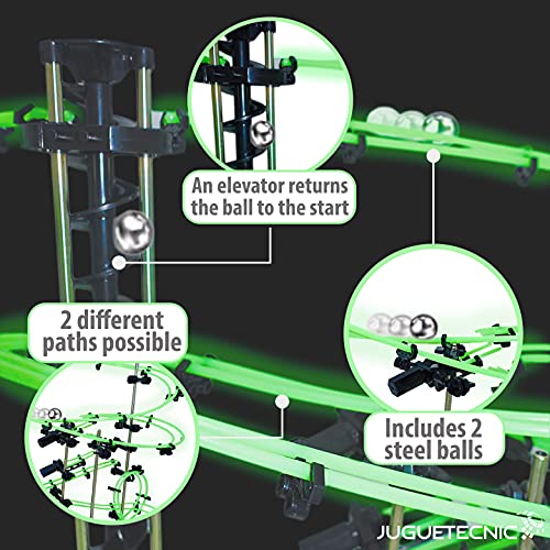 JUGUETECNIC │ Circuito de Canicas Spacerail | 193 Piezas | Kit para Montar Pista de Canicas Montaña Rusa | Juego de Laberinto de Bolas │ Brilla en la oscuridad