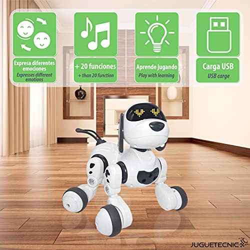 JUGUETECNIC │ Dexterity, el perro robot interactivo para Niños │ Canta, Baila y tiene Movimiento Teledirigido│ Programable con batería y cable cargador USB │ Mascota realista