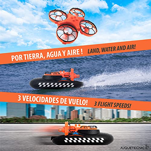 JUGUETECNIC │ Hovercraft Dron Teledirigido │ Vehículo 3 en 1 (Tierra, Agua y Aire) │ Mini Drone para Niños │ Barco Radiocontrol │ Lancha de Juguete │ Batería con carga USB