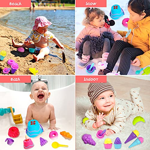 Juguetes de playa para niños, 34 piezas de juguetes de arena para niños pequeños, juego de arena de juego con molde para tartas té de la tarde y molde para helado, bolsa de almacenamiento incluida