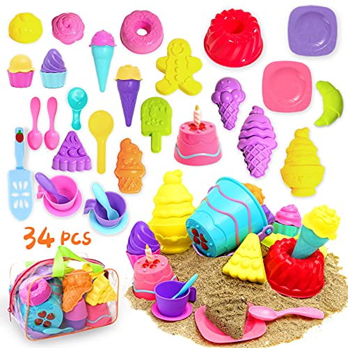 Juguetes de playa para niños, 34 piezas de juguetes de arena para niños pequeños, juego de arena de juego con molde para tartas té de la tarde y molde para helado, bolsa de almacenamiento incluida