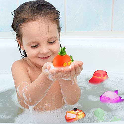 Juguetes para el Baño con Luz Intermitente que Cambia de Color en el Agua - Set de 6 Juguetes Luminosos Flotantes de Goma para Bebés, Niños y Niñas para Jugar en la Bañera, en la Ducha o en la Piscina