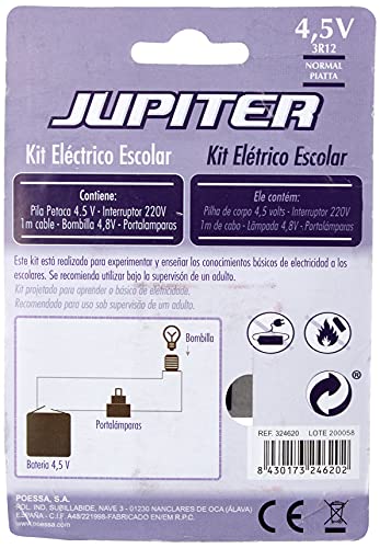 Jupiter (324620) - Kit Eléctrico Escolar, Set para el Colegio, Pila Petaca 4.5V, Interruptor 220V, Cable y Bombilla.