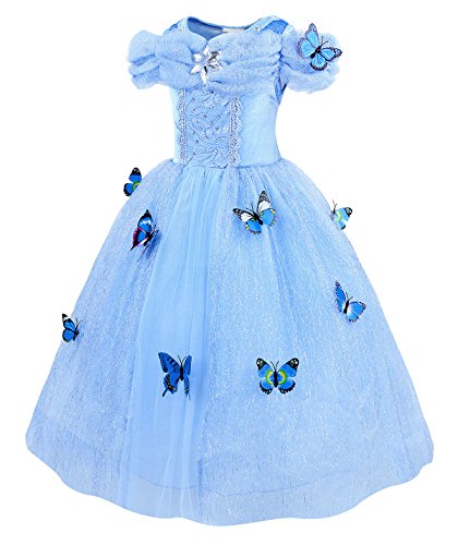 Jurebecia Cenicienta Vestido de Fiesta para Niñas Dress Largo de Gasa con Encaje de Princesa Halloween Fiesta de Cumpleaños 5-6 Años Azul