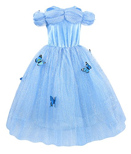 Jurebecia Cenicienta Vestido de Fiesta para Niñas Dress Largo de Gasa con Encaje de Princesa Halloween Fiesta de Cumpleaños 5-6 Años Azul