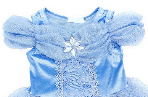 Jurebecia Cenicienta Vestido de Fiesta para Niñas Dress Largo de Gasa con Encaje de Princesa Halloween Fiesta de Cumpleaños 5-6 Años Azul