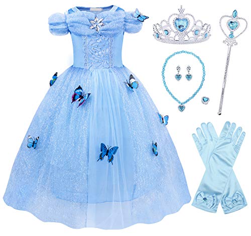 Jurebecia Cenicienta Vestido de Fiesta para Niñas Dress Largo de Gasa con Encaje de Princesa Halloween Fiesta de Cumpleaños 5-6 Años Azul