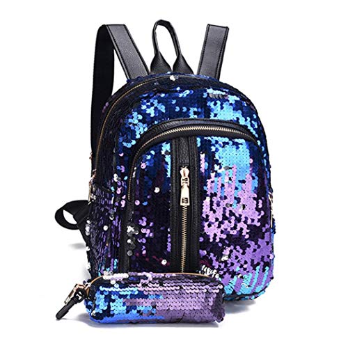 JYC,Mochila de mujer,Bolsos para mujer,Bolsos bandolera,Bolsos de mano,Bolsas escolares,Estuches,Riñoneras de moda,Chicas Lentejuela Colegio Mochila Viajar Bolsa hombro+Cartera embrague (Azul)