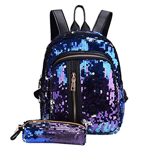 JYC,Mochila de mujer,Bolsos para mujer,Bolsos bandolera,Bolsos de mano,Bolsas escolares,Estuches,Riñoneras de moda,Chicas Lentejuela Colegio Mochila Viajar Bolsa hombro+Cartera embrague (Azul)