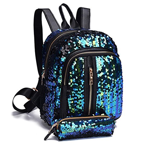 JYC,Mochila de mujer,Bolsos para mujer,Bolsos bandolera,Bolsos de mano,Bolsas escolares,Estuches,Riñoneras de moda,Chicas Lentejuela Colegio Mochila Viajar Bolsa hombro+Cartera embrague (Cielo azul)