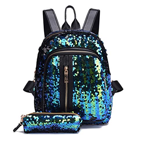 JYC,Mochila de mujer,Bolsos para mujer,Bolsos bandolera,Bolsos de mano,Bolsas escolares,Estuches,Riñoneras de moda,Chicas Lentejuela Colegio Mochila Viajar Bolsa hombro+Cartera embrague (Cielo azul)