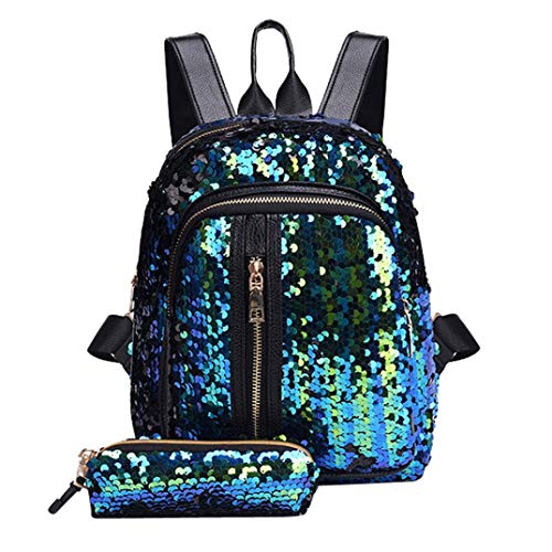 JYC,Mochila de mujer,Bolsos para mujer,Bolsos bandolera,Bolsos de mano,Bolsas escolares,Estuches,Riñoneras de moda,Chicas Lentejuela Colegio Mochila Viajar Bolsa hombro+Cartera embrague (Cielo azul)