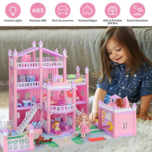 KAINSY Casa de Muñecas,314PCS Casa de Muñecas para Niñas con Accesorios y mobiliario Muñecas, 4 Pisos