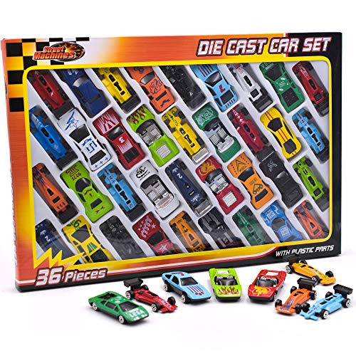 KandyToys Coches de Juguete de Metal Fundido para niños, 36 Piezas de Coches de Carreras, Paquete de Coches de Juguete Convertibles