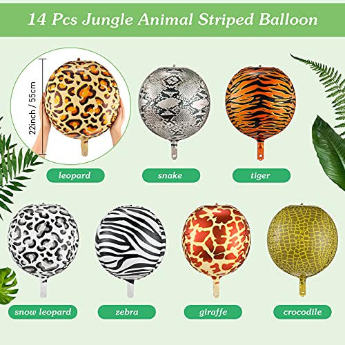 Kasyat 14 Globos Grandes de Papel de Aluminio con Estampado de Animales Globo 4D Redondo de Leopardo Tigre Jirafa Serpiente Cebra Cocodrilo Globos de Lámina de Animales de Bosque, 22 Pulgadas