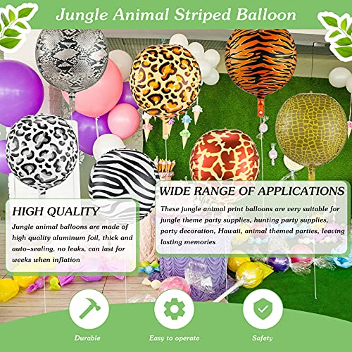 Kasyat 14 Globos Grandes de Papel de Aluminio con Estampado de Animales Globo 4D Redondo de Leopardo Tigre Jirafa Serpiente Cebra Cocodrilo Globos de Lámina de Animales de Bosque, 22 Pulgadas