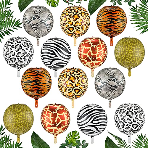 Kasyat 14 Globos Grandes de Papel de Aluminio con Estampado de Animales Globo 4D Redondo de Leopardo Tigre Jirafa Serpiente Cebra Cocodrilo Globos de Lámina de Animales de Bosque, 22 Pulgadas